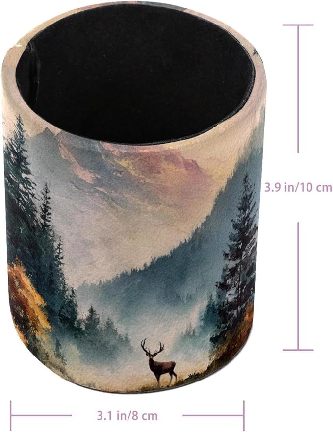 Watercolor Mountain Deer PVC Leather Circular Pencil Holder for Desk Organizer Stationery Holder for Office, School(3.9 x 3.1 Inches)