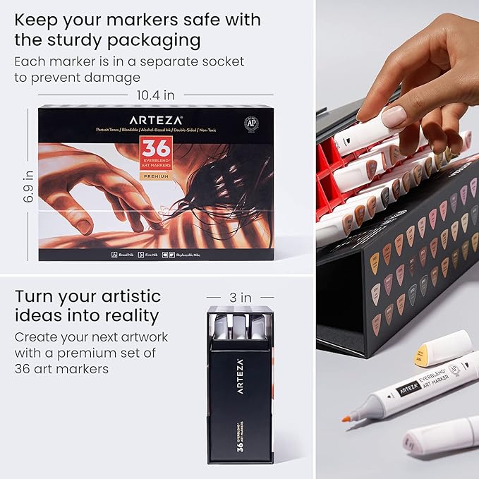 ARTEZA Alcohol Markers – Set of 36 Portrait & Skin Tone EverBlend Dual Tip Markers with Fine and Chisel Nibs and Organizer Box for Drawing