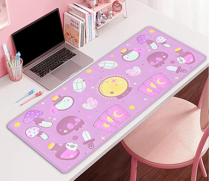 Kawaii Purple Desk Mat,Desktop Mat for Cute Witchy Elements Mouse Pad,Extended Keyboard Mousepad Large for Computer Laptop,Mouse Pad for Girl Women Gamer Desk Decor(27.5X11.8 in)