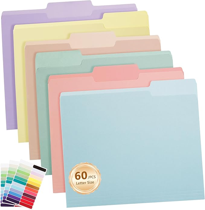 Color File Folders, 1/3-Cut Tabs, Letter Size, 6 Colors Organizer File Folders for School Home Office Business (60, Pastel Colors)