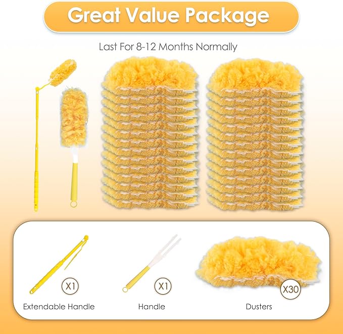 30 Count Feather Duster Refills for Swiffer Dusters Handle, 360 Degree Multi-Surface Duster Refill Kit with 1 Extended Handle and 1 Short Handle, Disposable Dust Removal Brush Heads for Electronics