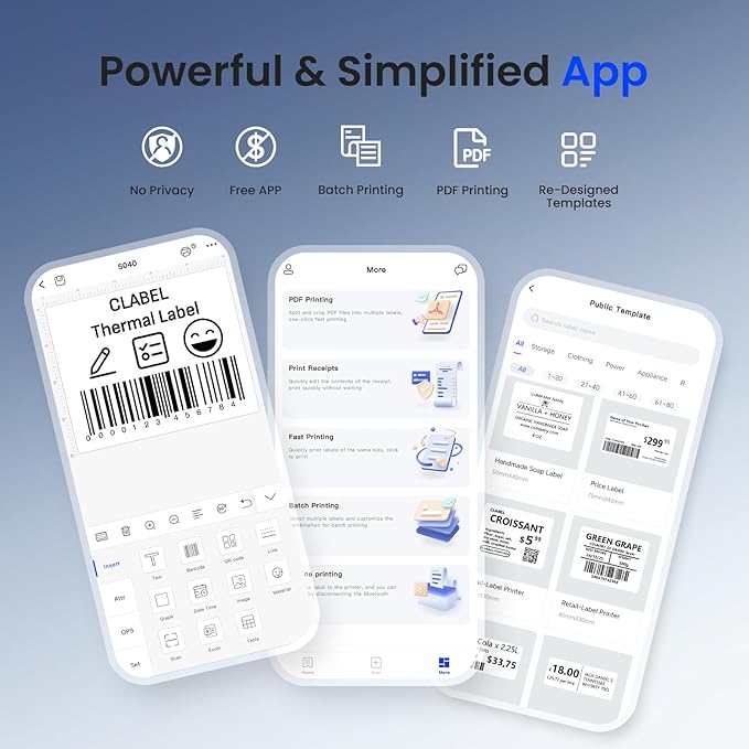 CLABEL Label Maker Machine with Tape: 221B Thermal Inkless Label Printer 2 Inch Mini Portable Bluetooth Handheld Sticker Barcode Labeler Compatible with Phone & PC for Small Business Retail Office