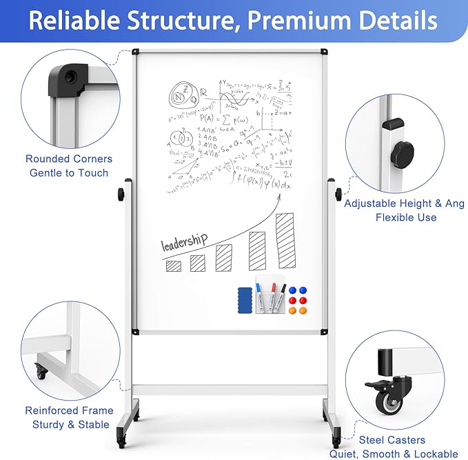 Double-Sided Whiteboard and Corkboard on Wheels, 48 x 32 Inch Magnetic Dry Erase Board with Adjustable Height Stand, Rolling Mobile Board for Office, Classroom, Presentation & Planning (Cork & White)