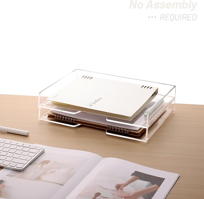 SANRUI Stackable Paper Tray,Acrylic File Organizer,Paper Tray Organizer for Desk,Clear Office Desk Organization for Office, Home or School，2 Tier