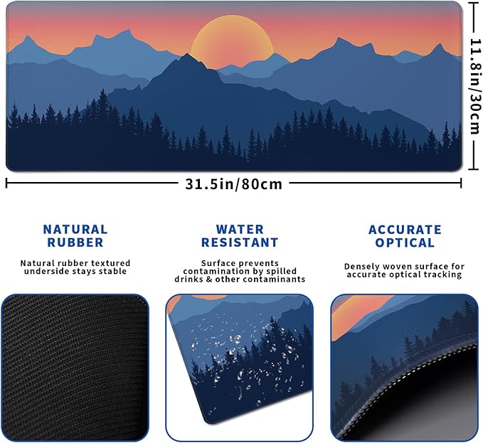Japanese Mountain Landscape Gaming Mouse Pad XL Extended Large Mousepad with Nonslip Rubber Base Stitched Edges Laptop Computer Keyboard Desk Mat for Office Home and Game
