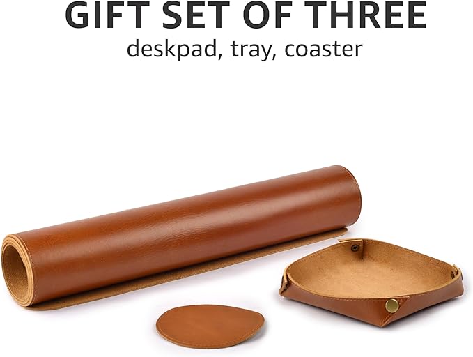 LEATHER VILLAGE -32X16 Real Leather Desk Mat for Desktop & Laptop, with Leather Tray & Tea Coaster, 3mm Thick Desk Cover-Protector-Blotter- Tan Color