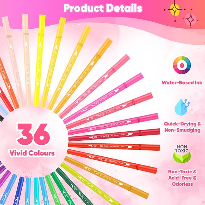 Niutop 36 Colors Fine & Brush Tip Dual Tip Coloring Marker Pens, Doodle Art Markers for Adult Coloring Books, Calligraphy Journaling, Art Supplies for Kids 9-12