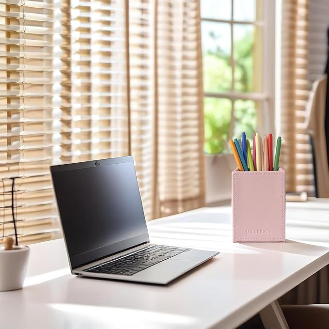 UnionBasic Square Pen Holder, Leather Pencil Cup, Desktop Caddy Stationery Organizer, Taiga Pattern Leather, Pink