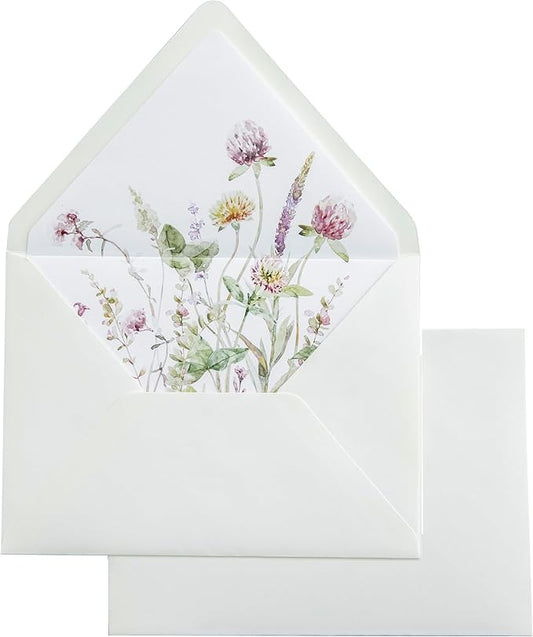PONATIA 50PCS A7 Euro Flap Ivory Envelope, 5.25 x 7.25'' Wild Flowers Liner Envelopes for Wedding Invitations, Photos, Postcards, Greeting Cards, Christmas Gift Cards, Acrylic Mailing, 5x7 Envelopes