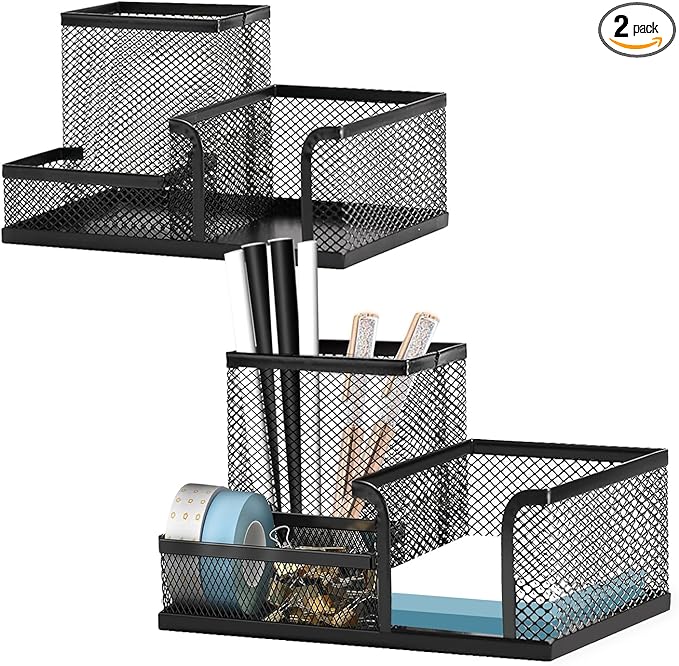Moonlik Mesh Pen Holder Desk Organizer Set, Pencil Storage Holder with 3 Compartments, Office School Home Desktop Supplies, Desk Accessories for Paper Clip, Sticky Notes(2pack, Black)