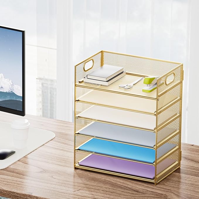 Marbrasse Paper Letter Tray Organizer - 6 Tier Mesh File Organizer with Handle, Paper Sorter Organizer for Letter/A4 Office File Folder Holder - Gold