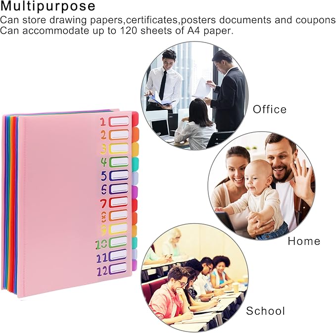 Rainbow Tab Expanding File Folder - 24 Pockets, Durable A4 Letter Size Organizer, Water-Resistant Plastic Dividers, Home/Office/School Document Holder (Pink)