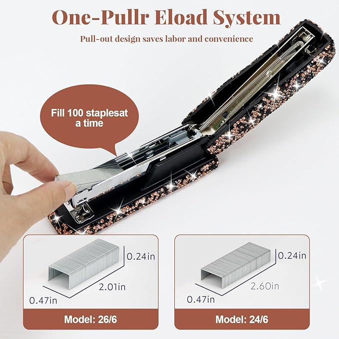 Multibey Rhinestone Stapler for Desk- Bling Crystal Desktop Stapler with 2000 Silver Staples, 25 Sheet Capacity, Elegant Office Staplers & Dazzling Desk Accessory for Women Lady (Black Gold)