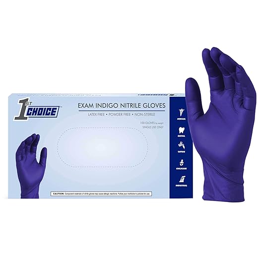 1st Choice 3 Mil Indigo Nitrile Exam Gloves Latex Free, Disposable Medical Grade, Food Prep, Tattoo, Small, Box of 100