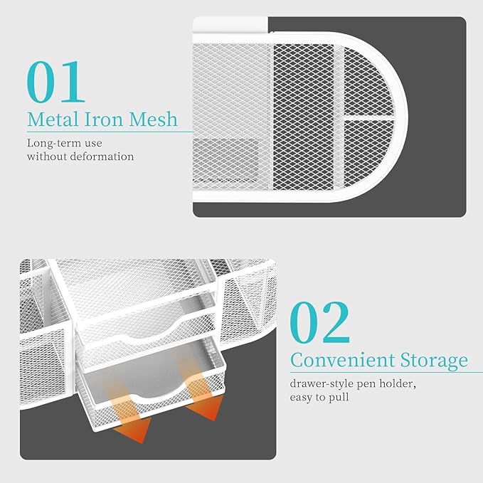 SUPEASY Mesh Desk Organizer, Desk Organizers and Accessories, Pen Holder with Drawers, Pencil Holder for Desk with 2 Drawer for Office Supplies, White
