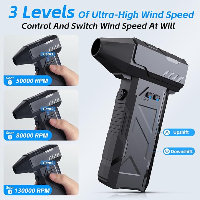 Compressed Air Duster 180000RPM Super Power Electric Air Duster, Cordless Air Duster, Rechargeable Brushless Motor Durable Blower, 3 Speed Adjustable Dust Blower, for Computer, Keyboard, Car, Outdoor