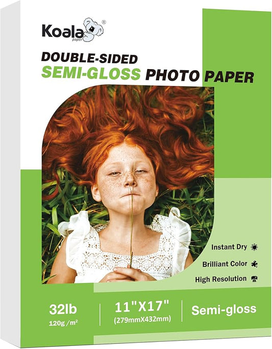 Koala Thin Double Sided Semi-Gloss Photo Paper 11X17 Inch 100 Sheets 32LB for Inkjet and Laser Printer for Menu Flyer Print