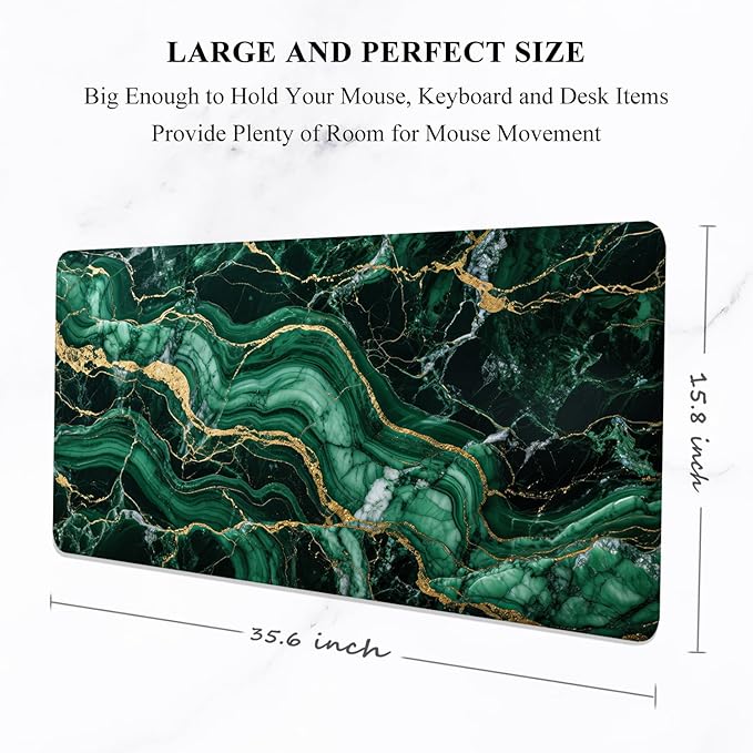 Auhoahsil Desk Mat, Ultra Large Mouse Pad, XXL Gaming Mousepad, Pretty Desk Pad, Big Extended Full Size Desktop Desk Matt for Keyboard, Laptop & Computer, 35.5 x 15.7 in, Green Marble