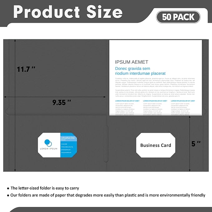 Two Pocket Folders, PANDRI 50 Pack 2 Pocket Folders, Letter Size Paper File Folder for School Office Home Business, Black