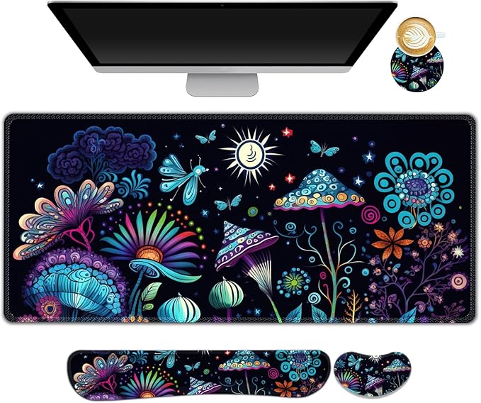 AIMSA Large Gaming Mouse Pad Set, Keyboard Wrist Rest Support+ Extended Mousepad+ Mouse Wrist Cushion+Coaster, Ergonomic Multifunctional Desk Mat 35x15.7in, Colorful Abstract Mushrooms