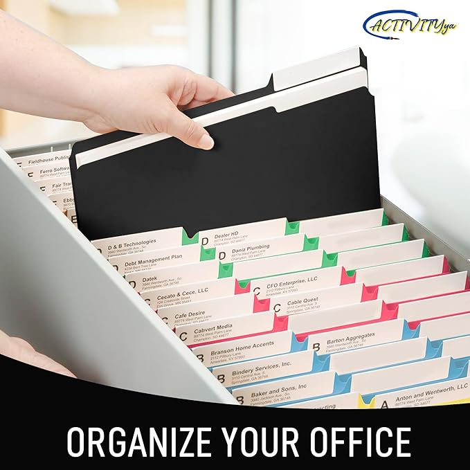 Black File Folders, 1/3-Cut Tabs, Letter Size, 12-Pack – Durable Office Filing Folders for Documents, Papers, and Organization