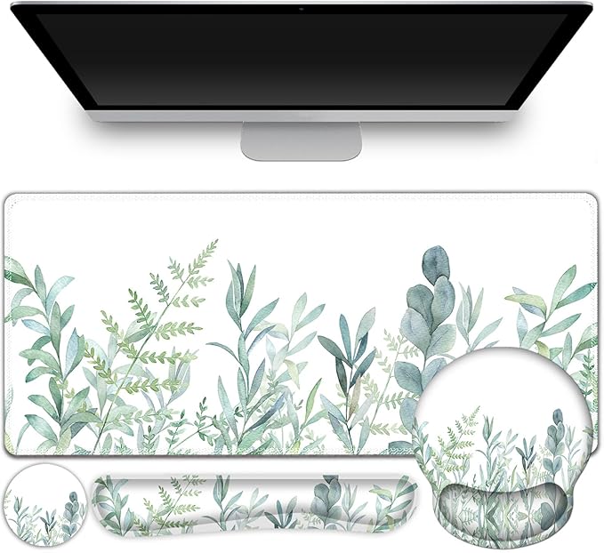 ToLuLu Desk Mat, XXL Large Mouse Pad Wrist Support Set，4 in1 Gaming Mousepad Desk Pad+ Ergonomic Mouse Pad with Wrist Rest + Keyboard Wrist Rest+Coaster for Home Office Computer Table, Green Grass