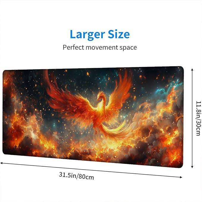 Fire Phoenix Gaming Mouse Pad Desk Pad Fantasy Myth Dream Red Bird Mousepad XL Large Gaming Mouse Pad Laptop Keyboard Mat Desk Pad Office Home Decor for Women Girl 31.5"x11.8"