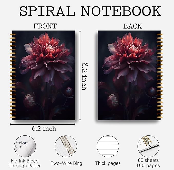 Dark Academia Moody Dahlia Notebook for Women - Gothic Goth Floral Journal, Witchy Journal Notebook, Witch Stuff, Gothic Office Supplies, Halloween Notebook, Spiral Notebook 5.5x8.3