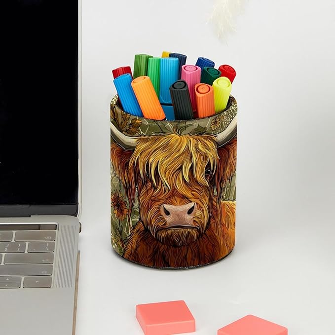 Watercolor Sunflower Yak Circular Pen Holder, Pen Cup Makeup Brush Holder, Design for School, Home and Stationary Supplies (3.9 x 3.1 Inches)