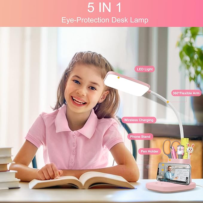 Sailstar Pink Desk Lamp, Small Desk Lamp with Pen Holder, Wireless Charger LED Desk Lamps for Home Office, Kids Desk Lamps 800LM Gooseneck 3 Modes Dimmable Touch, Study Lamps for College Dorm Room