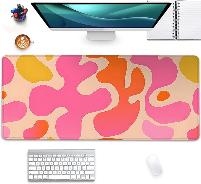 Pink Desk Mat Mouse Pad,Abstract Mouse Pad XL Cute Desk Pad Keyboard Mat,Desk Accessories for Women Office Decor, Extended Mousepad Non-Slip Rubber Base with Stitched Edges(27.5X11.8 in)
