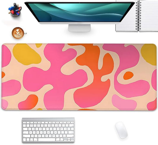 Pink Desk Mat Mouse Pad,Abstract Mouse Pad XL Cute Desk Pad Keyboard Mat,Desk Accessories for Women Office Decor, Extended Mousepad Non-Slip Rubber Base with Stitched Edges(27.5X11.8 in)