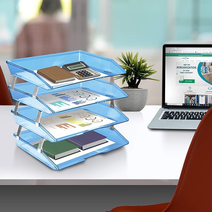 Acrimet Facility 4 Tier Letter Tray Side Load Plastic Desktop File Organizer (Clear Blue Color)