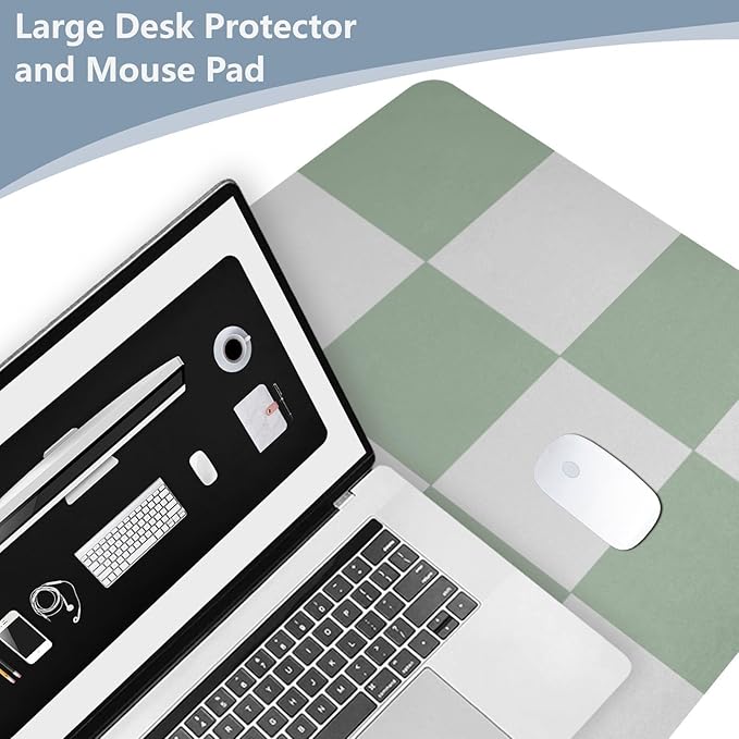 Mouse Pad Desk Mat Leather Desk Pad Large Gaming Desk Cover Protector Mat for Keyboard Computer Laptop Office Waterproof 35.4 x 16.5 Inch Checkered White and Green