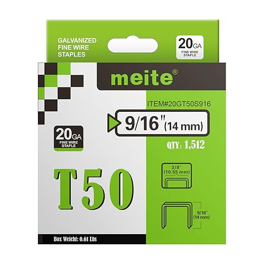 meite T50 Heavy Duty Staples, 9/16 Inch Galvanized T50 Staples for Staple Gun, 20 Gauge 3/8 Inch Crown Staple for Upholstery, Construction, Furniture (1 Case)
