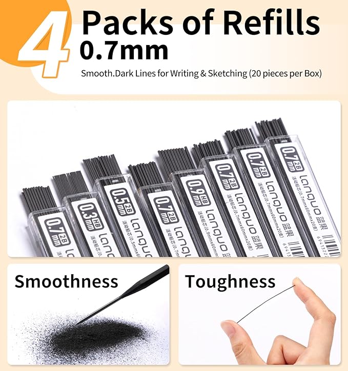 Mechanical Pencil Set with Case, 4PCS 0.7mm Art Mechanical Pencils + 40PCS HB Lead Refills + 40PCS 2B Lead Refills + 3PCS Erasers+ 1PCS Case, Drawing Mechanical Pencils for Writing, Sketching