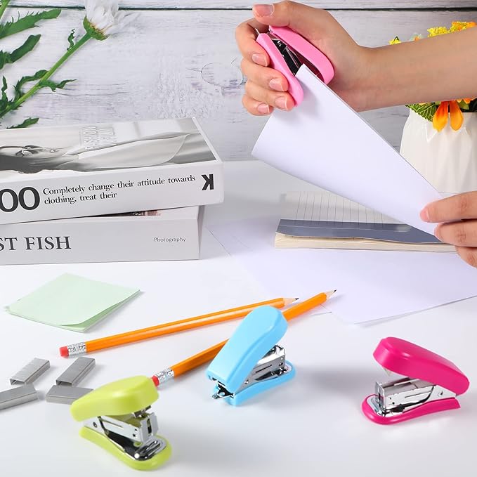 Ctosree 24 Pcs Mini Stapler Bulk with Boxes Staples Pink Small Staplers Set Built in Staple Remover, Cute Hand Held Desk Gifts for Back to School Office Supplies, 3 Colors