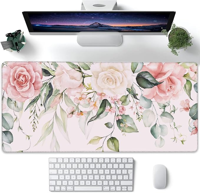 Desk Pad, Pink Watercolor Flowers and Green Leaves Extended Large Gaming Mouse Pad XXL, Large Desk Mat for Desktop with Non-Slip Rubber Base Stitched Edges for Home Office Gaming 35.4"X15.7"