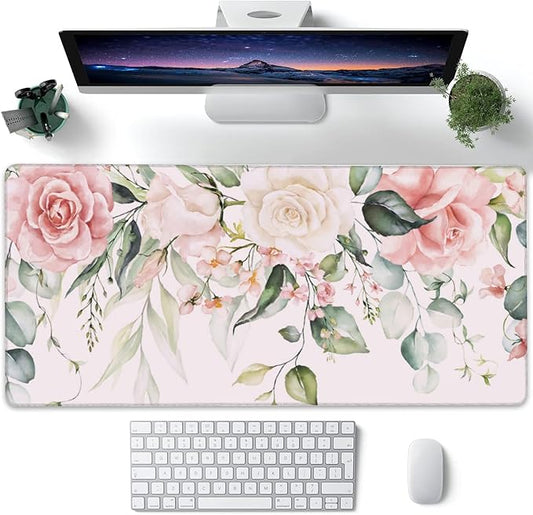 Desk Pad, Pink Watercolor Flowers and Green Leaves Extended Large Gaming Mouse Pad XXL, Large Desk Mat for Desktop with Non-Slip Rubber Base Stitched Edges for Home Office Gaming 35.4"X15.7"