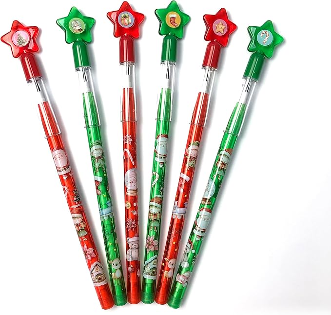 TINYMILLS Christmas Pop Pencils, 24 Pack Holiday Mechanical Pencils with Star Toppers, Red and Green Colors, Party Favors, Stocking Stuffers, School Rewards
