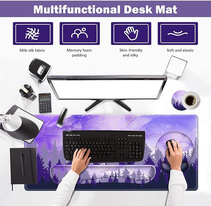 ARTSO Large Mouse Pad Ergonomic Keyboard Wrist Rest Support Combo, Memory Foam Gel Desk Mat Protector, Non-Slip Desk Blotter for Office, Home, Purple Forest