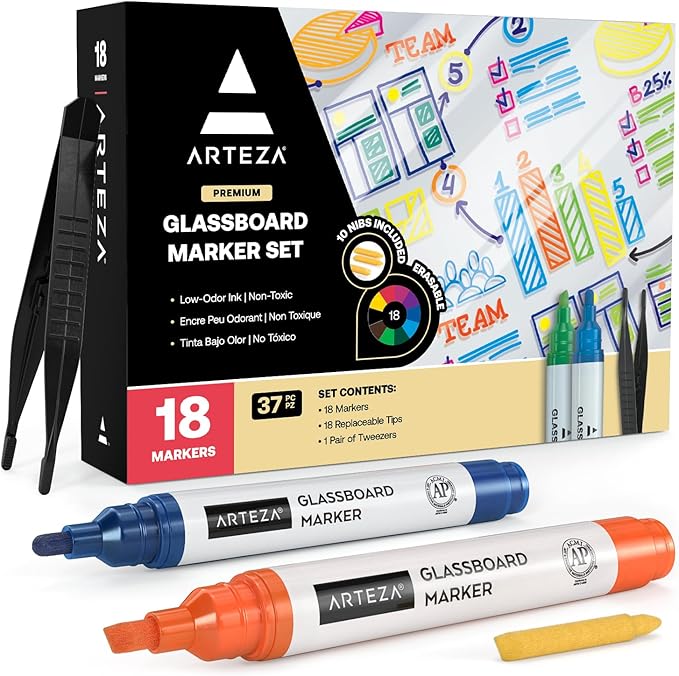 ARTEZA Glass Board Markers, Pack of 18, 10 Classic and 8 Neon Colors for Whiteboards and Windows, Erasable Dry Erase Markers, Office, School Supplies