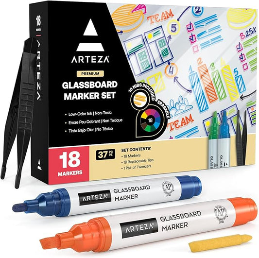 ARTEZA Glass Board Markers, Pack of 18, 10 Classic and 8 Neon Colors for Whiteboards and Windows, Erasable Dry Erase Markers, Office, School Supplies