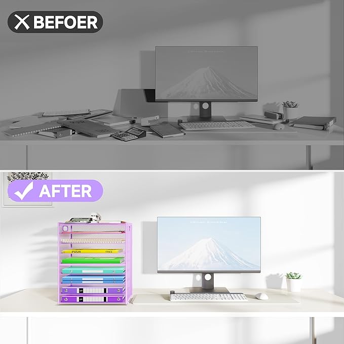 9 Tier Paper Organizer with Handle, Large Capacity Desk Organizer Mesh Paper Letter Tray File Folder Document Sorter for Classroom and Office Accessories Organization- Purple (2 Pack)