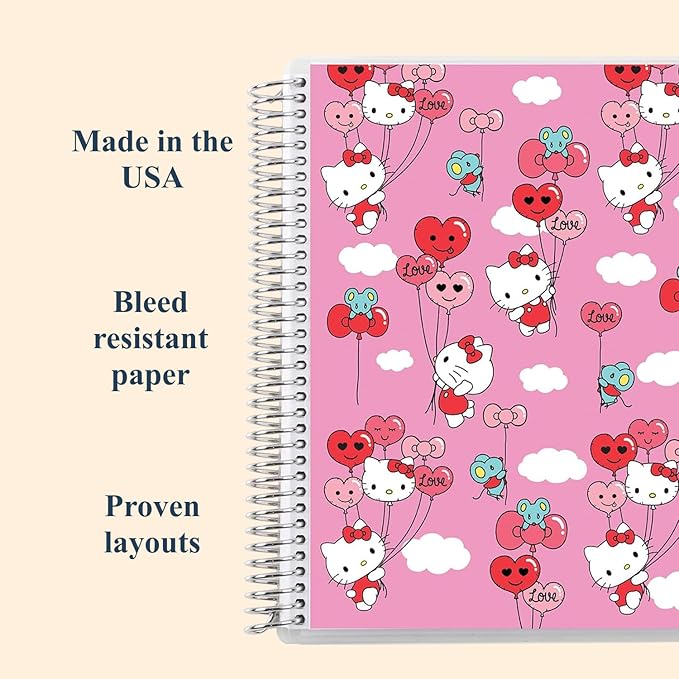 Erin Condren 7" X 9" Spiral Bound Productivity Notebook, Hello Kitty Balloons, Functional 160 Lined Page and 80Lb Thick Paper Spiral Notebook, Stickers Included