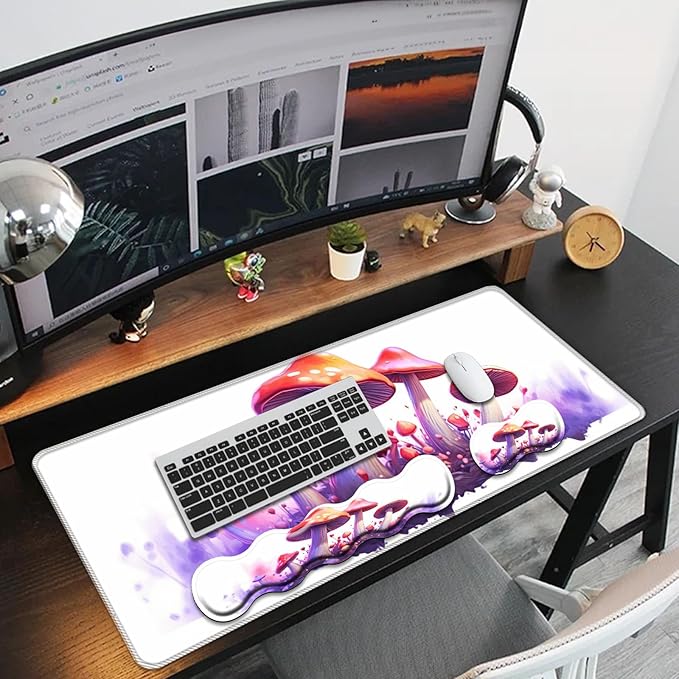 Keyboard Mouse Pad Set,Large Mouse Pad+Keyboard Wrist Rest+Wrist Support+Coaster,31.5x11.8in Extended Desk Mat for Computer Laptop Office Home-Mushrooms