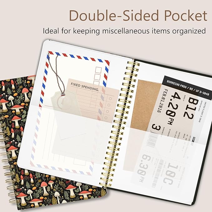 Cute Spiral Notebook journal A5 Aesthetic Pretty Floral Design for Women Girls Kawaii with Pocket, 8.5 x 5.7 inch, Mushroom