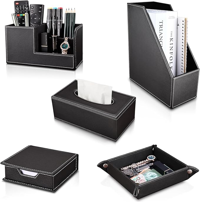 KINGFOM 5 PCS/SET Pu Leather Desk Organizer File Holder Accessories, Magazine Storage Rack+Desktop Pen&Pencil Holder+Tissue Box Cover+Leather Jewelry Accessories Tray