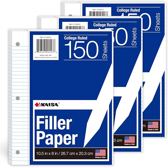 Kaisa3 Pack Notebook Paper College Ruled 3-Hole Punched Loose Leaf Paper 8x10.5 Lined Paper College Ruled Filler Paper for 3-Ring Binder Paper 150 Sheets/Pack (3 Pack-college) F15001C-3pk