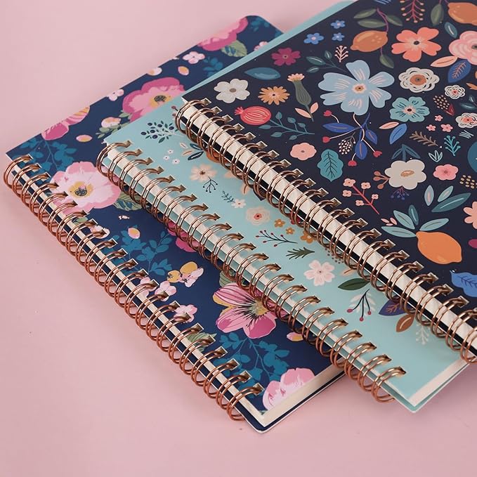 3 Pack Hardcover Spiral Notebook Spiral Journals for Women 160 Pages, 6.3 x 8.3 Inches,100gsm Paper,Cute College Ruled Notebook, Back Pocket, Office Supplies (FG-flower)